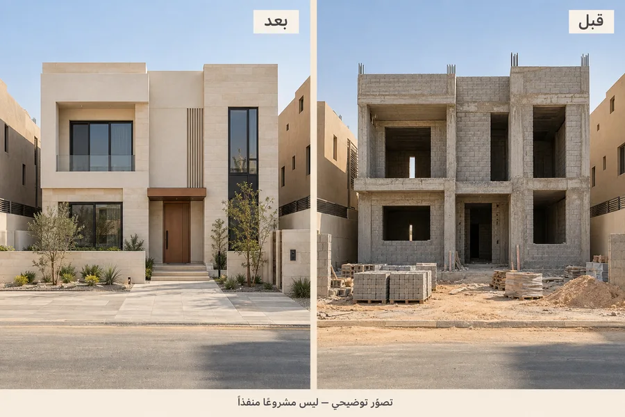 بناء الفلل: مقارنة توضيحية قبل وبعد، وليست مشروعًا منفذًا